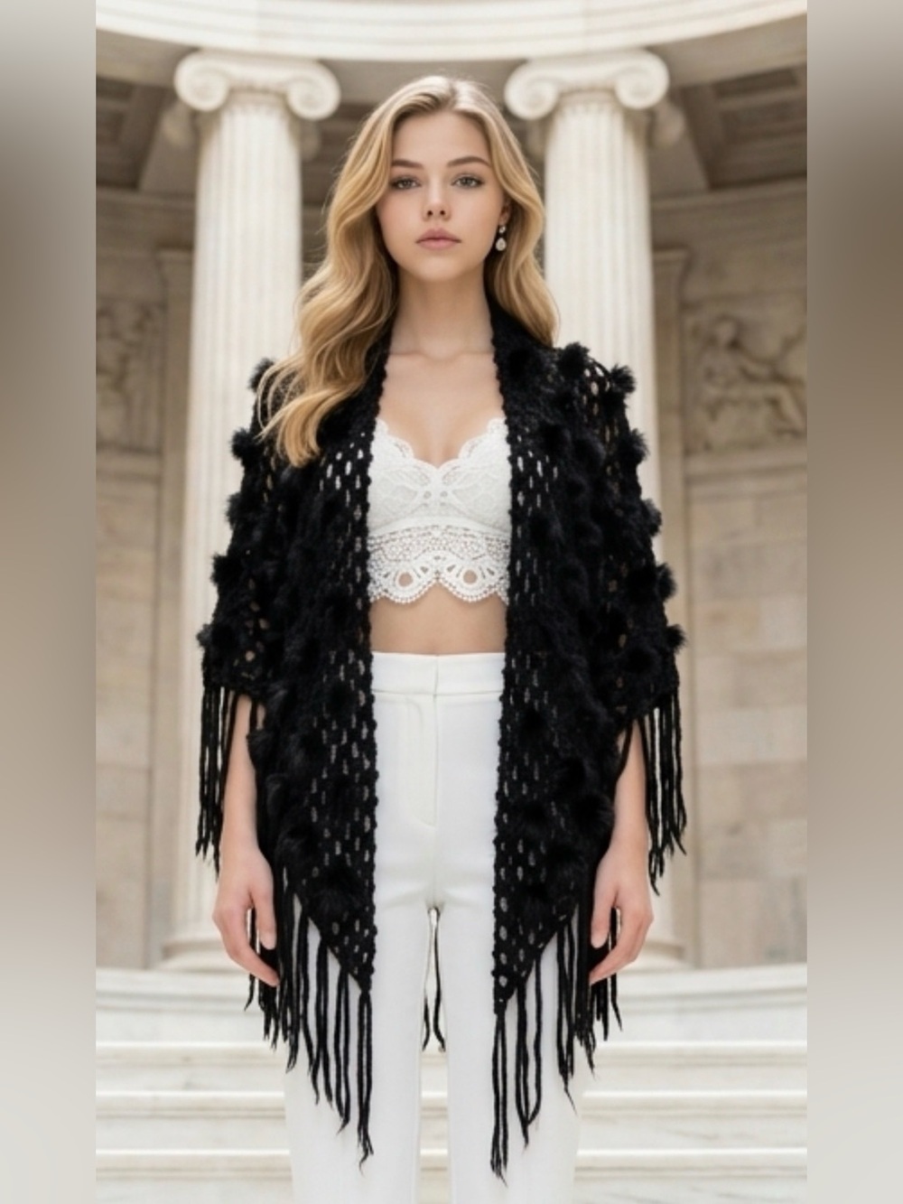 Black Fringe Open-Knit Women's Sweater Wrap